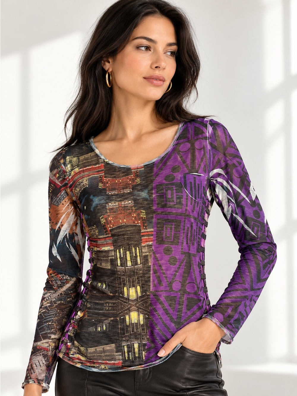 Vintage Custo Barcelona Custoline Y2K Mixed Print Sheer Mesh Top Sz Medium